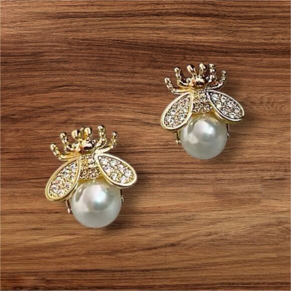 Gold and Silver Bee Pearl Earrings - Picture 1 of 3